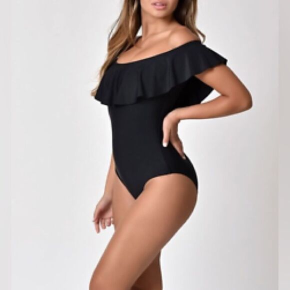 Victorias Secret Black Off The Shoulder Ruffle One Piece Swimsuit - Picture 2 of 4